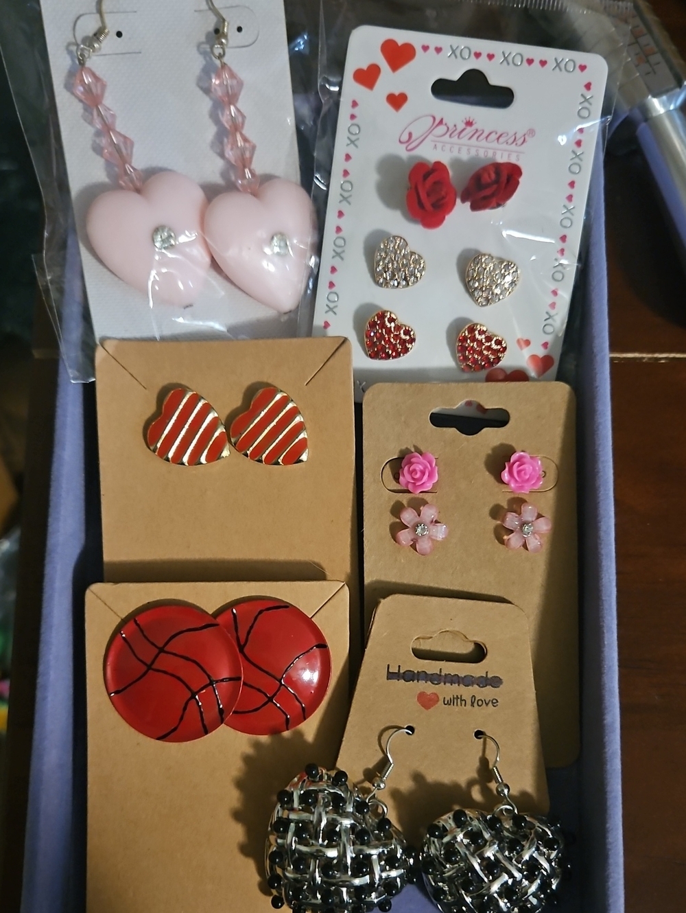 Assorted Pink and Red Heart & Rose Earrings - 9 Pairs